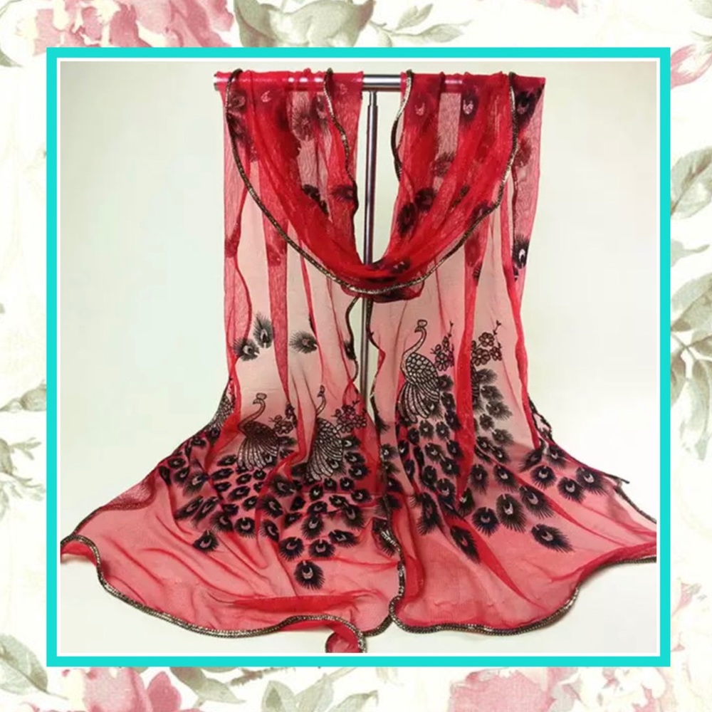 🍒 PEACOCK LONG SCARF WRAP BOHEMIAN BOHO GYPSY EMBROIDERED SHEER SOFT SPARKLE